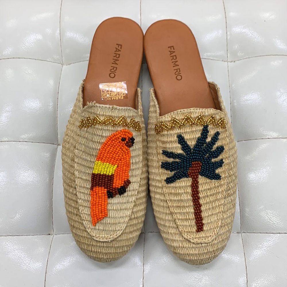 Farm Rio Macaw Palm Tree Beaded Raffia Mules - Picture 2 of 7